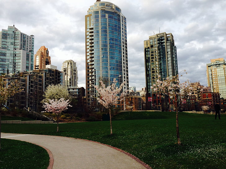 Vancouver, város, építészet, Kanada, vízparton, felhőkarcoló, utca-és városrészlet