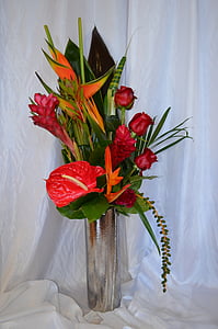 тропически, цветя, джинджифил, ваза, все още живот, букет, романтика