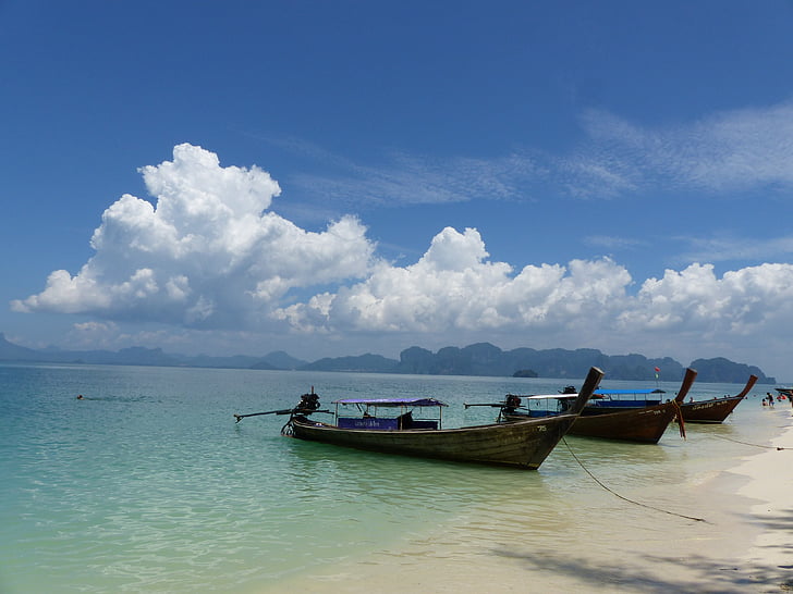 båtar, stranden poda, Krabi, Thailand, lång båt trail