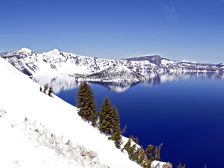 темно-синий, Кратерное озеро, Орегон, США, пейзаж, Зима, воды