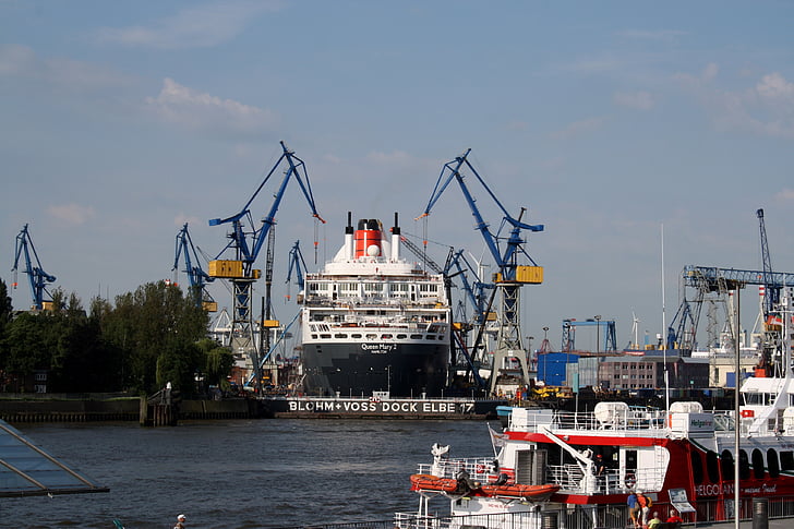 queen mary 2, port, ship, cruise, cruise ship, motor ship, hamburg