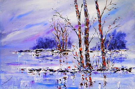 seni, gambar, lukisan, pemandangan, Cat akrilik, pencahayaan, musim dingin