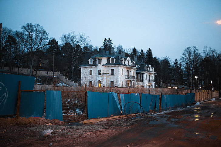 blue, fence, house, home, mansion, trees, construction