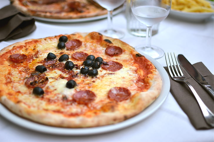 pepperoni, pizza, white, plate, food, black olives, cheese