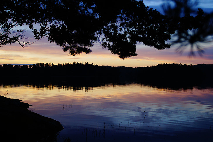 abendstimmung, naplemente, tó, Svédország, förjön tó, idill, esti égen