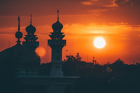 moskén, soluppgång, arkitektur, landmärke, islam, muslimska, tornet