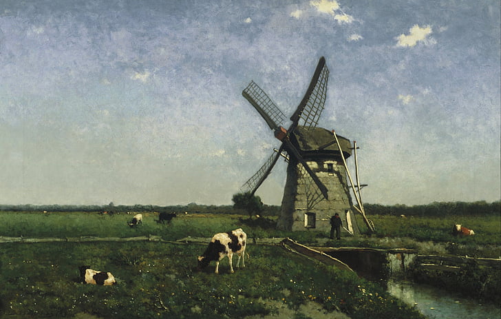 Johannes Hendrik weissenbruch, Kunst, Malerei, Öl auf Leinwand, Landschaft, Windmühle, Himmel