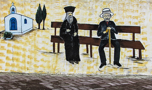 wall painting, traditional, church, priest, old man, bench, culture