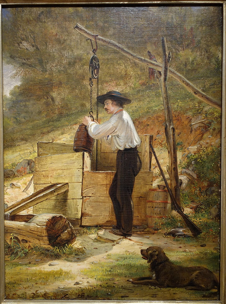 at the well, william sidney mount, oil, board, mounted, panel, artwork