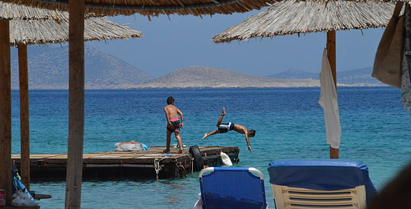 Chalki, praia, Kania, Grécia, meninos, mergulho, lindo lugar