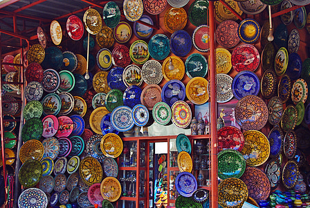 morocco, marrakech, market, souk, display, plates, dishes