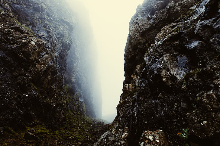 cliff, fog, foggy, path, rocks, scotland, stones