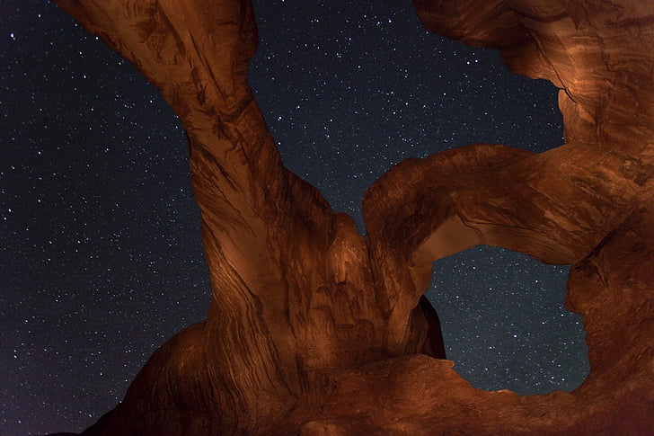 Nočná obloha, Dvojlôžková arch, pieskovec, Príroda, Národný park Arches, Utah, USA