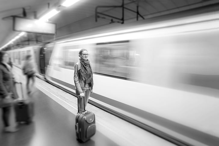 gray, scale, portrait, woman, standing, behind, train