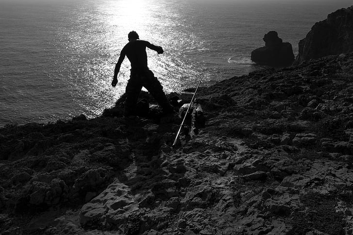 black-and-white, fisherman, fishing, man