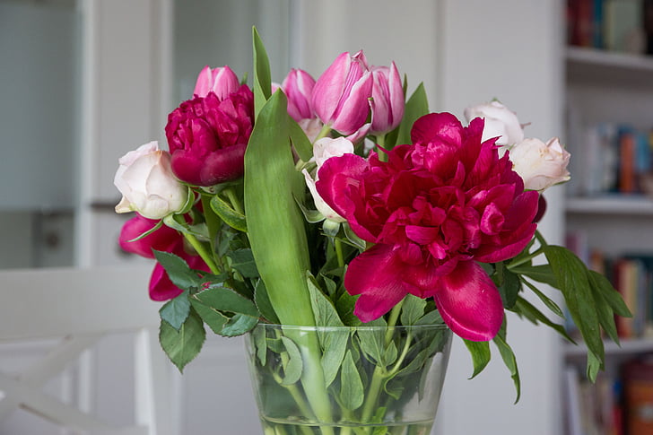 cvetje, potonika, tulipani, vrtnice, šopek, pisane, šopek rož