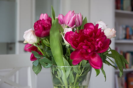 fleurs, pivoine, tulipes, roses, bouquet, coloré, bouquet de fleurs