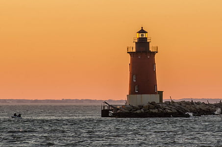 világítótorony, Delaware, hullámtörő keleti végén, Amerikai Egyesült Államok, Bay, tengerpart, naplemente