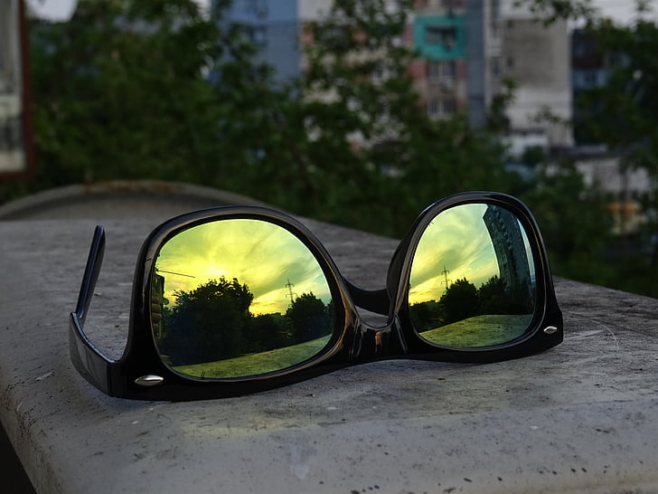 reflections, sky, sunglasses, light, landscape, sunset, nature