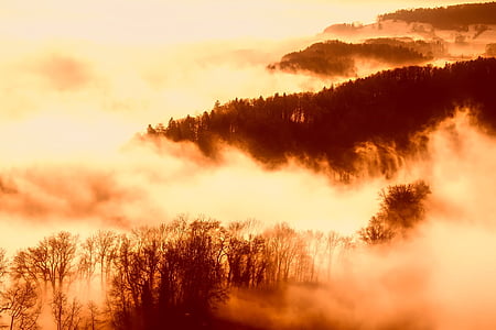 mặt trời mọc, Bình minh, sương mù, mây mù, dãy núi, cảnh quan, danh lam thắng cảnh