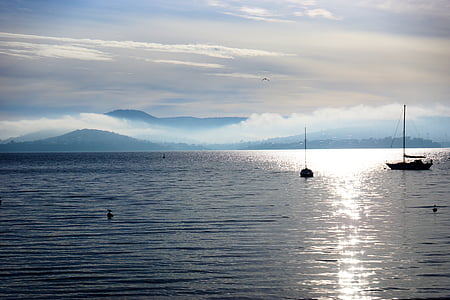 nuages, brouillard, Lac, montagnes, nature, bateaux à voiles, voile