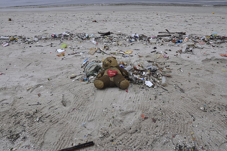 забруднення, плюшевий ведмедик, пляж, сміття, сміття, сміття звалища, звалище