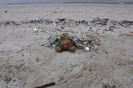 poluarea, ursuleţ de pluş, plajă, coşul de gunoi, gunoi, Groapa de gunoi, depozitele de deşeuri