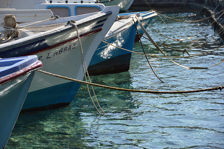 boats, harbour, chalki, greece, rope, moring, sea