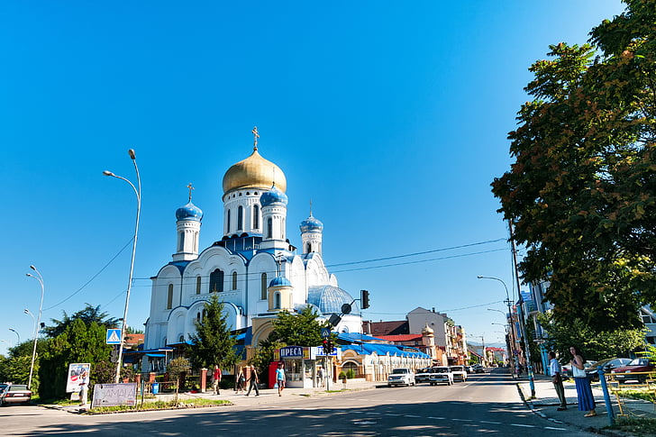 Užhorod, Ukrajina, ortodoxní, kostel, léto, modrá, obloha