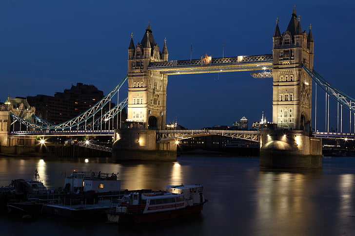 csónakok, híd, sötét, Anglia, fények, London, éjszaka