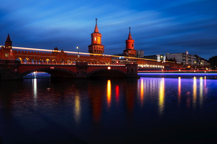 oberbaum bridge, berlin, germany, river, water, reflections, lights