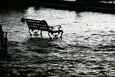 inundação, assento, cadeira, banco, água, inundações, perigo