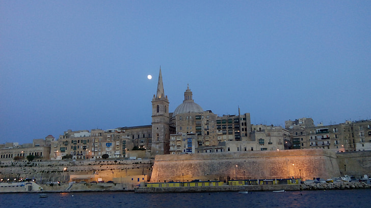 valletta, evening, malta, moon, maltese, mediterranean, travel