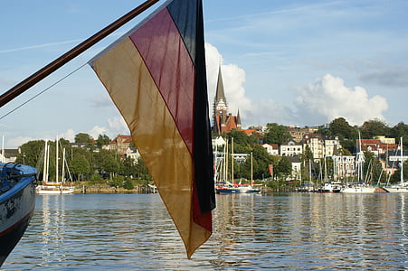 Flensburg, Németország, zászló, kikötő, seaday, hajók, csónakok
