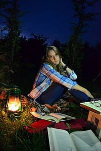 natt, mysterium, bok, ljus, dröm, kvinna, läsning