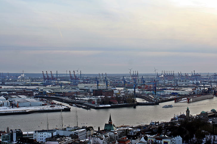 Hambourg, motifs de port, Michel, Panorama, vue de michel, Elbe, port