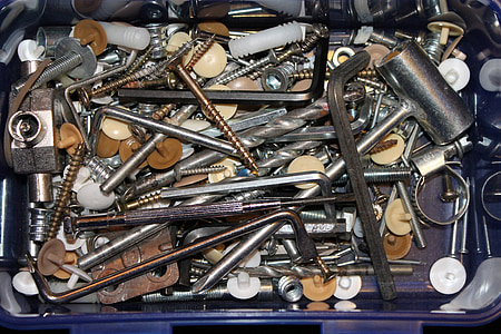 verktygslåda, skruv, skruvmejsel, verktyg, hantverkare, borr, smått och gott