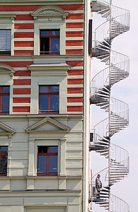 spiral staircase, stairs, fire escape, architecture, building, home, skyscraper