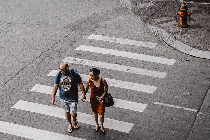 people, man, woman, walking, holding hands, road, street
