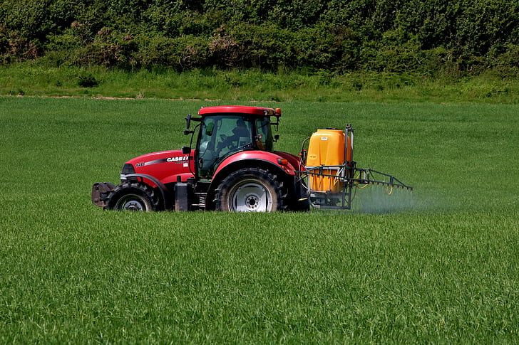 traktori, punane, talu, maal, väli, spray, insektitsiid