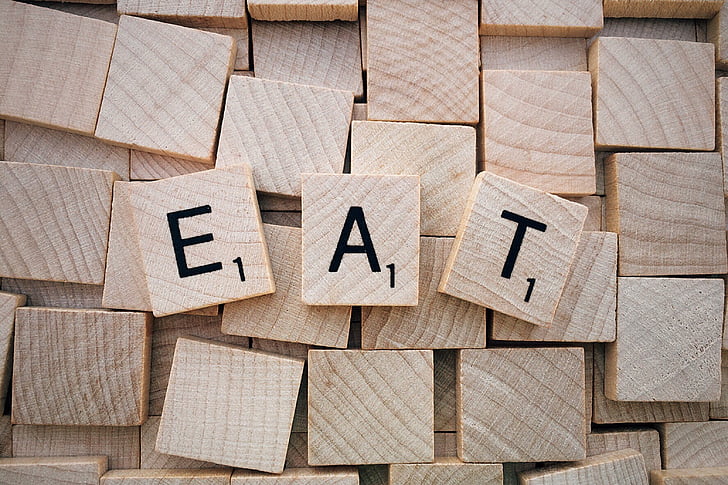 comer, palabra, Scrabble, Letras, madera, madera - material, fondos