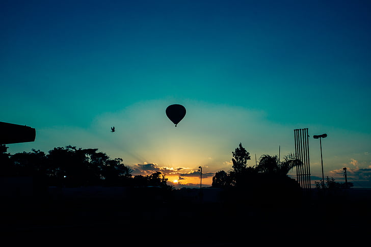 hot, air, balloon, silhouette, blue, sky, nature
