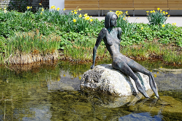 žena, nahý, rybník, Oberstdorf, Nemecko, Allgäu, Spa