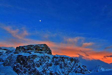 Przełęcz Pordoi, zimowe, zachód słońca, Luna, niebo, krajobraz
