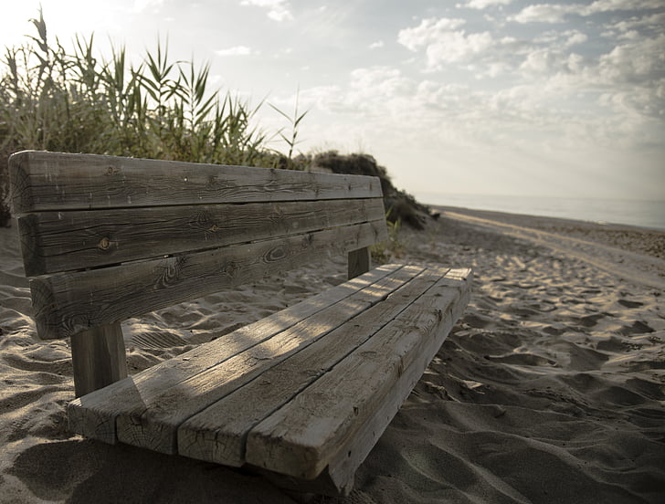 банка, почивка, плаж, мир, дишане, ъгъл, дървена пейка