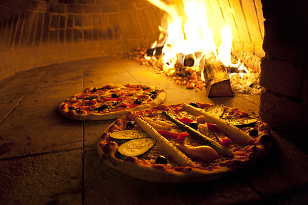 pizza, oven, wood burning stove, wood, fire, heat, asparagus