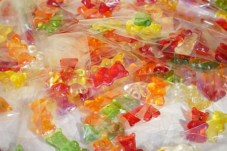 Gummi bears, csomagolt, tasak, mitbringsel, celofán, gyümölcs íny, medve