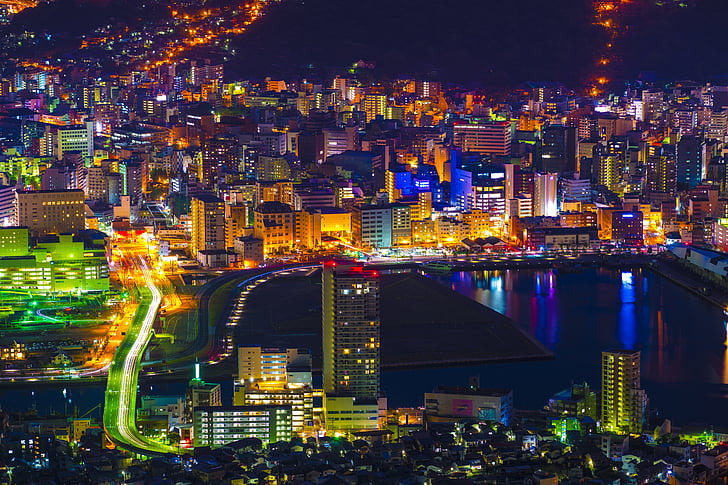 nakts skatu, Nagasaki, Japāna, Kyushu, trīs pasaules lielāko nakts skatu, siluets, naktī
