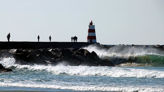 lighthouse, wave, coast, spray, rock, surf, back light