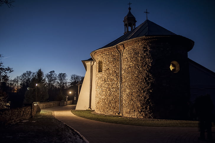 grzegorzowice, poland, church, rotunda, architecture, monument, night